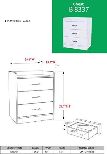 Kings Brand Furniture Jericho White Wood 3 Drawer Chest