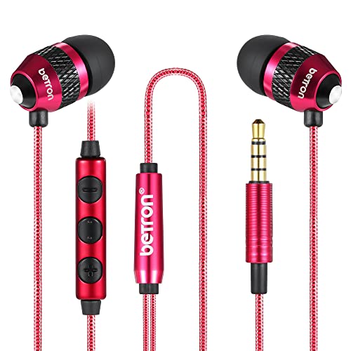 Betron B25 in-Ear Headphones Earphones with Microphone and Volume Controller, Noise Isolating Earbud Tips, 3.5mm Head Phone Jack (Red)