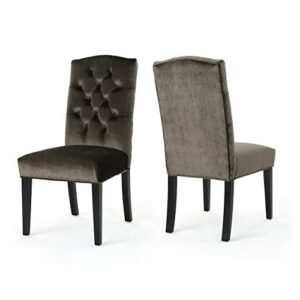 christopher knight home nickolai traditional crown top velvet dining chairs, 2-pcs set, grey / dark brown