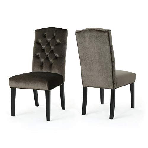 Christopher Knight Home Nickolai Traditional Crown Top Velvet Dining Chairs, 2-Pcs Set, Grey / Dark Brown