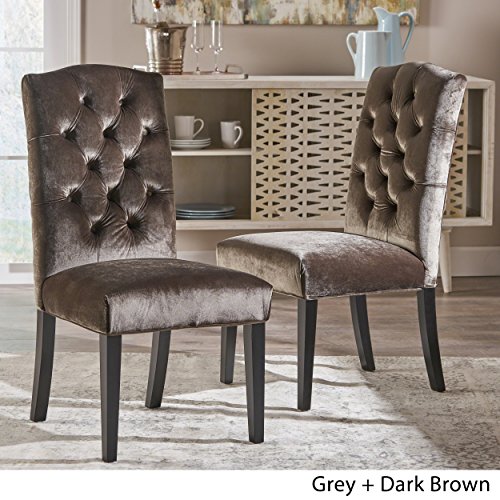 Christopher Knight Home Nickolai Traditional Crown Top Velvet Dining Chairs, 2-Pcs Set, Grey / Dark Brown