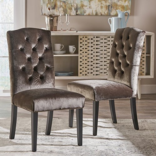 Christopher Knight Home Nickolai Traditional Crown Top Velvet Dining Chairs, 2-Pcs Set, Grey / Dark Brown