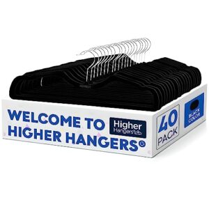 higher hangers non-slip velvet hangers, slimline space saving hangers for clothes, closet organizer for college dorms, rv’s, & more, creates closet space, reduces wrinkles & clutter, 40 pc, black