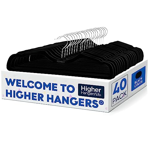 Higher Hangers Non-Slip Velvet Hangers, Slimline Space Saving Hangers for Clothes, Closet Organizer for College Dorms, RV’s, & More, Creates Closet Space, Reduces Wrinkles & Clutter, 40 Pc, Black