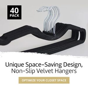 Higher Hangers Non-Slip Velvet Hangers, Slimline Space Saving Hangers for Clothes, Closet Organizer for College Dorms, RV’s, & More, Creates Closet Space, Reduces Wrinkles & Clutter, 40 Pc, Black