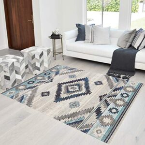 handcraft rugs-southwestern native american modern / faded area rug - bone gray / navy blue / ivory / aqua