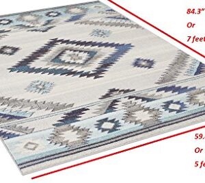 Handcraft Rugs-Southwestern Native American Modern / Faded Area Rug - Bone Gray / Navy Blue / Ivory / Aqua