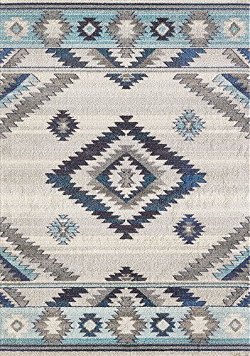 Handcraft Rugs-Southwestern Native American Modern / Faded Area Rug - Bone Gray / Navy Blue / Ivory / Aqua