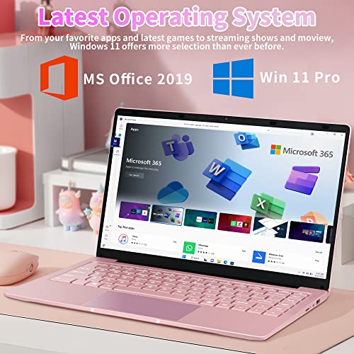 Win 11 Pro 14’’ HD display Ultra-Thin Portable Entertainment Notebook high Speed Celeron J4105(quad-core and four-thread) 6G RAM 256GB SSD High-Performance Laptop with Mouse (6G+256GB, Rose Gold)