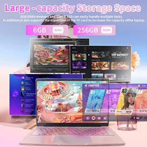 Win 11 Pro 14’’ HD display Ultra-Thin Portable Entertainment Notebook high Speed Celeron J4105(quad-core and four-thread) 6G RAM 256GB SSD High-Performance Laptop with Mouse (6G+256GB, Rose Gold)