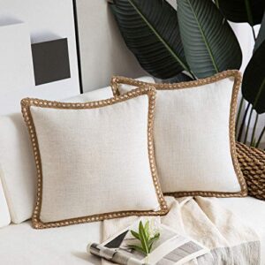 phantoscope pack of 2 farmhouse decorative throw pillow covers burlap linen trimmed tailored edges off white 18 x 18 inches, 45 x 45 cm