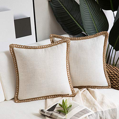 Phantoscope Pack of 2 Farmhouse Decorative Throw Pillow Covers Burlap Linen Trimmed Tailored Edges Off White 18 x 18 inches, 45 x 45 cm