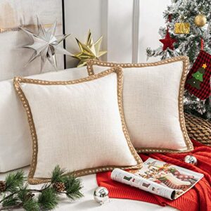 Phantoscope Pack of 2 Farmhouse Decorative Throw Pillow Covers Burlap Linen Trimmed Tailored Edges Off White 18 x 18 inches, 45 x 45 cm