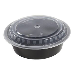 amercare 7 inch round black plastic containers with lids, 32 ounces for microwave or freezer, pack of 150