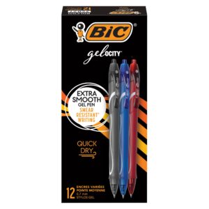 bic® gel-ocity quick dry retractable gel pens, medium point, 0.7 mm, black/blue/red barrels, black/blue/red inks, pack o