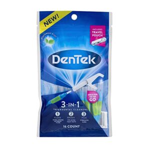 dentek 3-in-1 interdental cleaners | floss, brush, pick, travel pouch | 16 count