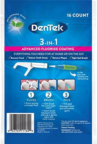 DenTek 3-In-1 Interdental Cleaners | Floss, Brush, Pick, Travel Pouch | 16 Count