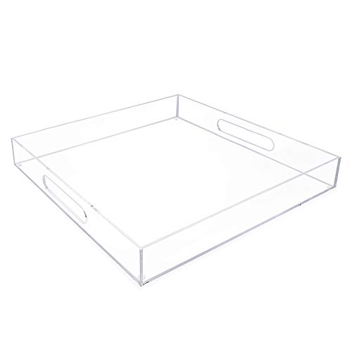 Isaac Jacobs Clear Acrylic Serving Tray (15x15) with Cutout Handles, Spill-Proof, Stackable Organizer, Space-Saver, Food & Drinks Server, Indoors/Outdoors, Lucite Storage Décor & More