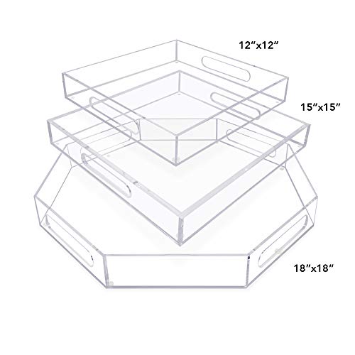 Isaac Jacobs Clear Acrylic Serving Tray (15x15) with Cutout Handles, Spill-Proof, Stackable Organizer, Space-Saver, Food & Drinks Server, Indoors/Outdoors, Lucite Storage Décor & More