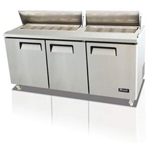 migali c-sp72-30bt-hc competitor series refrigerated counter/big top sandwich prep table, 72.7" w, accommodates (30) 1/6 size pans, (3) solid hinged doors, stainless steel exterior and interior