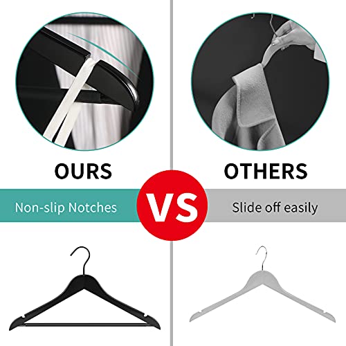 Perfecasa Premium Wooden Clothes Hangers 20 Pack, Suit Hangers with Noise Canceling Hook, Non Slip Pant Bar and Two Open Notches (Black Color)