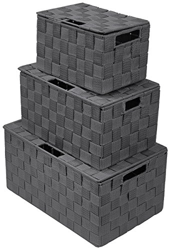 Sorbus Storage Box Woven Basket Bin Container Tote Cube Organizer Set Stackable Storage Basket Woven Strap Shelf Organizer Built-In Carry Handles (Lid Bins - 3 Pack, Gray)