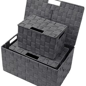 Sorbus Storage Box Woven Basket Bin Container Tote Cube Organizer Set Stackable Storage Basket Woven Strap Shelf Organizer Built-In Carry Handles (Lid Bins - 3 Pack, Gray)