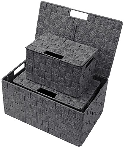 Sorbus Storage Box Woven Basket Bin Container Tote Cube Organizer Set Stackable Storage Basket Woven Strap Shelf Organizer Built-In Carry Handles (Lid Bins - 3 Pack, Gray)