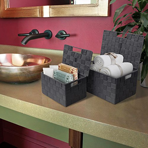 Sorbus Storage Box Woven Basket Bin Container Tote Cube Organizer Set Stackable Storage Basket Woven Strap Shelf Organizer Built-In Carry Handles (Lid Bins - 3 Pack, Gray)