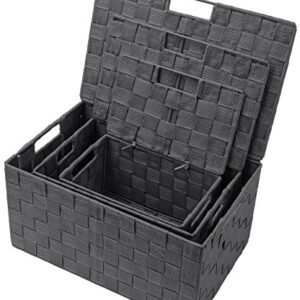 Sorbus Storage Box Woven Basket Bin Container Tote Cube Organizer Set Stackable Storage Basket Woven Strap Shelf Organizer Built-In Carry Handles (Lid Bins - 3 Pack, Gray)