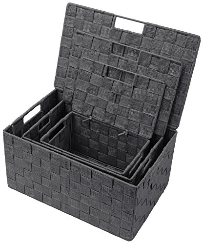 Sorbus Storage Box Woven Basket Bin Container Tote Cube Organizer Set Stackable Storage Basket Woven Strap Shelf Organizer Built-In Carry Handles (Lid Bins - 3 Pack, Gray)