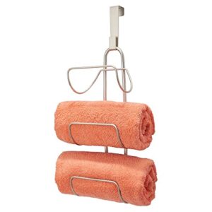 mdesign modern decorative metal wire over shower door towel rack holder organizer - for storage of bathroom towels, washcloths, hand towels - 3 tiers - satin