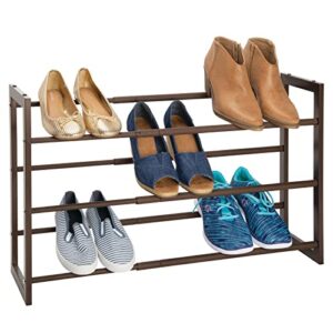 mdesign metal 3 tier adjustable/expandable shoe and boot storage organizer rack - space-saving, angled vertical storage - closet, entryway, mudroom, bedroom, garage - espresso brown