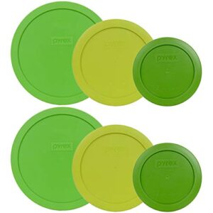 pyrex (2 7402-pc green 7 cup, (2) 7201-pc edamame green 4 cup, & (2) 7200-pc lawn green 2 cup plastic storage lids, made in usa