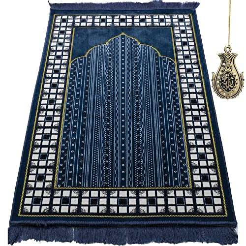 Modefa Turkish Islamic Prayer Rug - Thin & Lightweight Velvet Praying Carpet - Soft Muslim Praying Mat Janamaz - Ramadan or Eid Gift for Men & Women - with Car Hanger - Vined Arch (Blue)