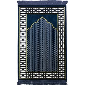 Modefa Turkish Islamic Prayer Rug - Thin & Lightweight Velvet Praying Carpet - Soft Muslim Praying Mat Janamaz - Ramadan or Eid Gift for Men & Women - with Car Hanger - Vined Arch (Blue)