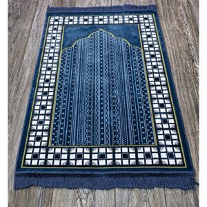 Modefa Turkish Islamic Prayer Rug - Thin & Lightweight Velvet Praying Carpet - Soft Muslim Praying Mat Janamaz - Ramadan or Eid Gift for Men & Women - with Car Hanger - Vined Arch (Blue)