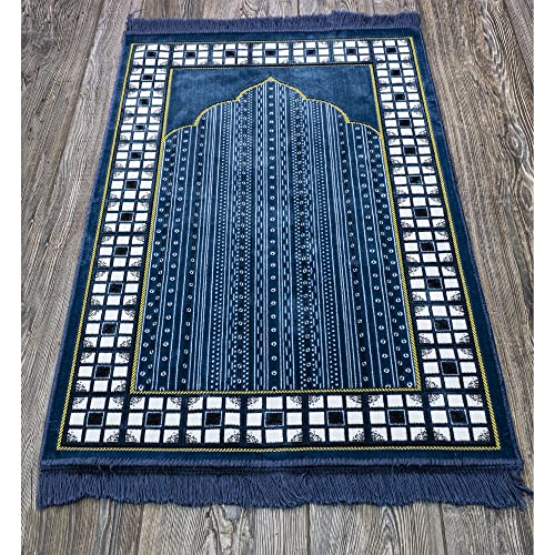 Modefa Turkish Islamic Prayer Rug - Thin & Lightweight Velvet Praying Carpet - Soft Muslim Praying Mat Janamaz - Ramadan or Eid Gift for Men & Women - with Car Hanger - Vined Arch (Blue)