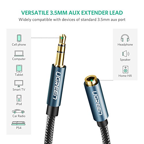 UGREEN Headphone Extension Cable Hi-Fi Stereo Gold Plated Nylon Braided Male to Female 3.5mm Extension Audio Cable Compatible with iPhone iPad Smartphones Tablets Media Players Blue 15FT