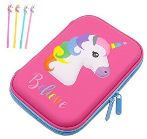 pencil case for girls, 3d cute eva unicorn pen pouch stationery box anti-shock large capacity multi-compartment for school with 4 unicorn pens