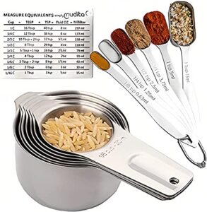 measuring cup and spoon set stainless steel 13 inch 18/8 stainless steel: 7 measuring cups and 5 measuring spoons, with a professional magnetic measurement conversion table
