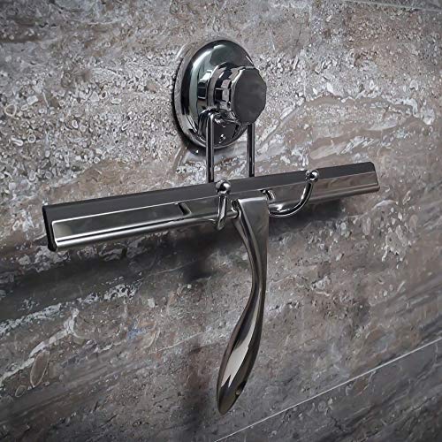 12-Inch Bathroom Shower Squeegee - Chrome Plated Stainless Steel - with Matching Suction Cup Hook Holder - 3M Adhesive Mounting Disc, 3M Hook,1 Replacement Rubber Blade - by HASKO Accessories