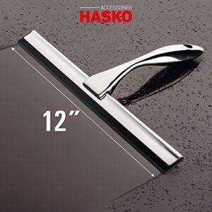 12-Inch Bathroom Shower Squeegee - Chrome Plated Stainless Steel - with Matching Suction Cup Hook Holder - 3M Adhesive Mounting Disc, 3M Hook,1 Replacement Rubber Blade - by HASKO Accessories