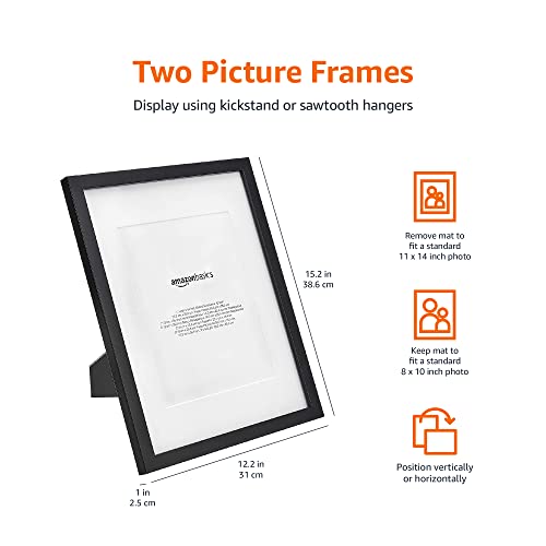 Amazon Basics 11" x 14" Rectangular Photo Picture Frame, (8" x 10" With Mat), 2-Pack, Black, 15.2 Inch L x 12.2 Inch W