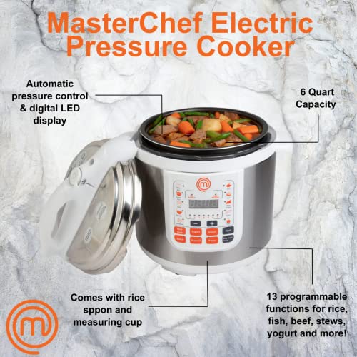 MasterChef 13-in-1 Pressure Cooker- 6 QT Electric Digital Instant MultiPot w 13 Programmable Functions- High and Low Pressure Slow Non-Stick Pot Cooking Warmer Options, LED Display, Delay Timer, Rice