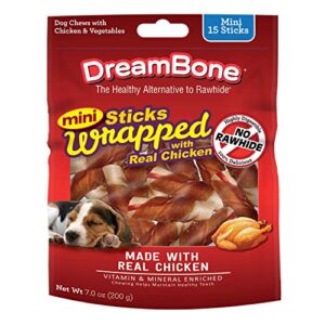 dreambone mini sticks wrapped with real chicken, rawhide free dog chew sticks, 15 count