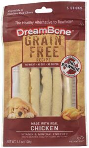 dreambone grain free recipe, rawhide free dog chew sticks made with real chicken, no wheat, soy, gluten, 5 sticks