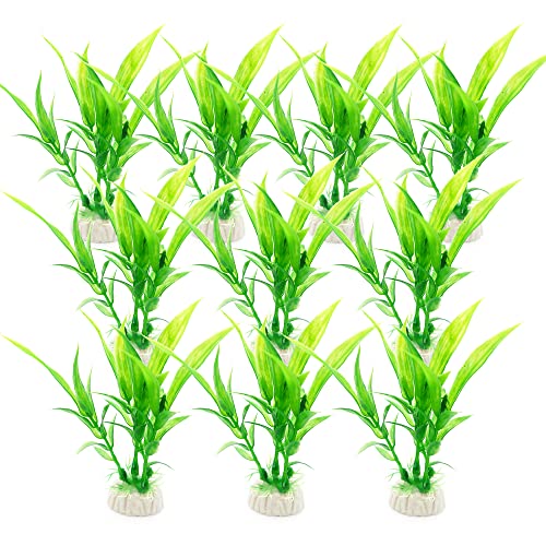 SunGrow Artificial Aquarium Plants for Aquatic Pets, Realistic Green Plants with Ceramic Base, Fish Tank Decorations & Home Decor, 10Pcs/Pack