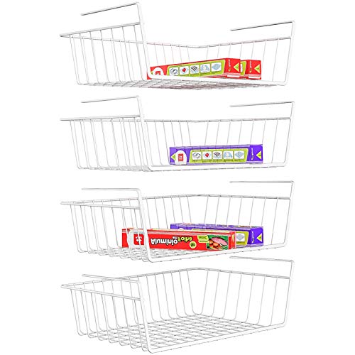 Under Shelf Basket, iSPECLE 4 Pack Under Cabinet Organizer Easy to Install and Use Versatile Metal Pantry Organizer Add Storage to Kitchen Cabinet Pantry Cupboards and Shelves, White