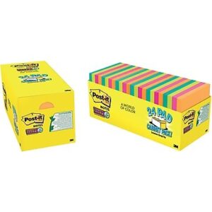 post-it super sticky notes, 3 in x 3 in, 24 pads, 70 sheets/pad, cabinet pack, assorted colors